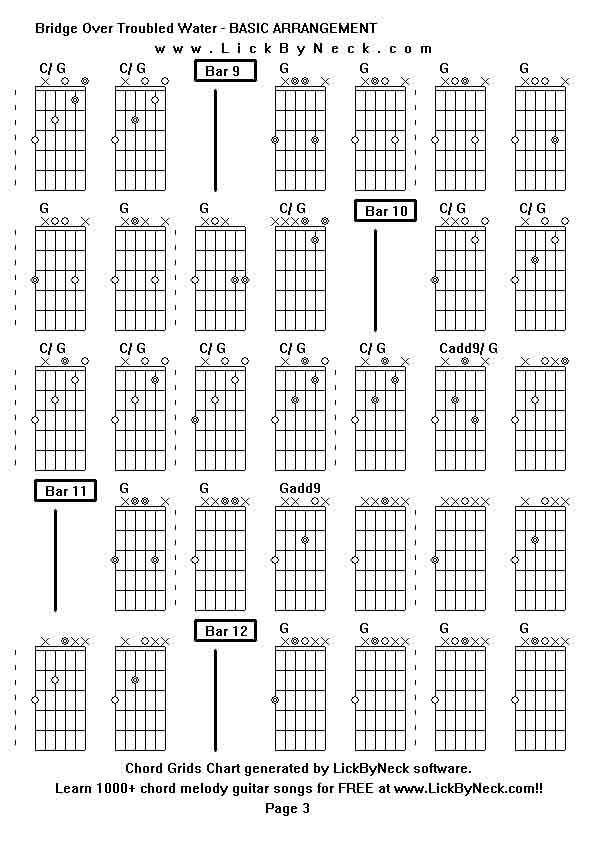 Chord Grids Chart of chord melody fingerstyle guitar song-Bridge Over Troubled Water - BASIC ARRANGEMENT,generated by LickByNeck software.